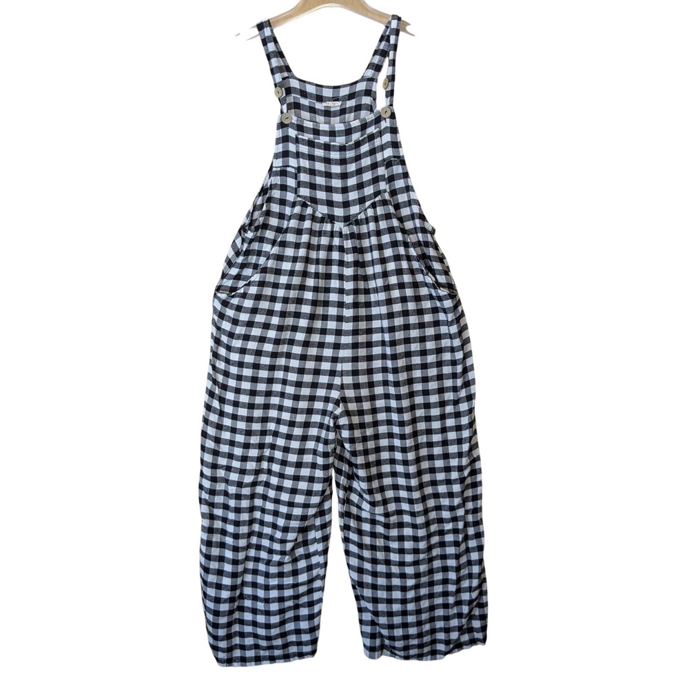 Cottage Teacher Fall Wide Leg Overalls Jumpsuit Size L Black White Cotton Baggy